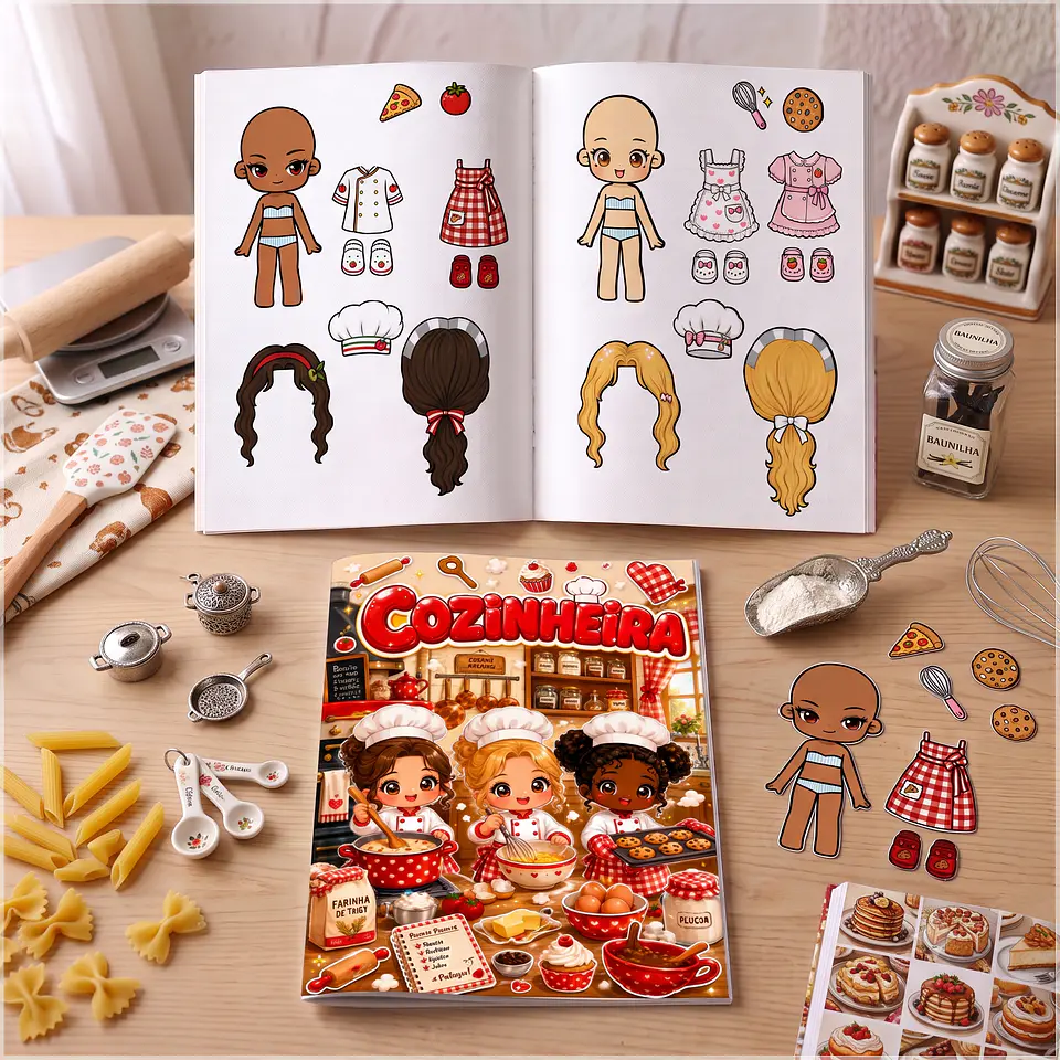 Arquivo de Corte Livro Interativo Paper Dolls Bonecas de Papel Cozinheira Chefe de Cozinha 3 1