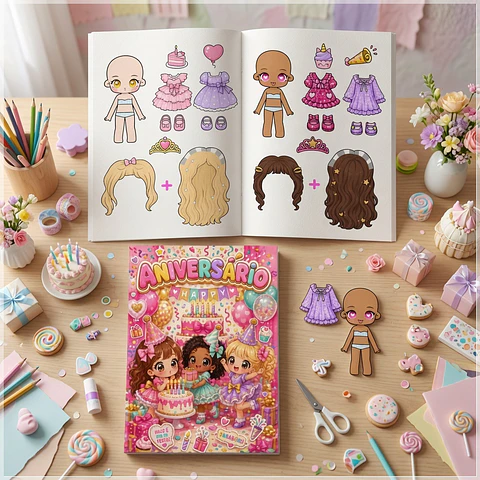 Arquivo de Corte Livro Interativo Paper Dolls Bonecas de Papel Aniversário 1