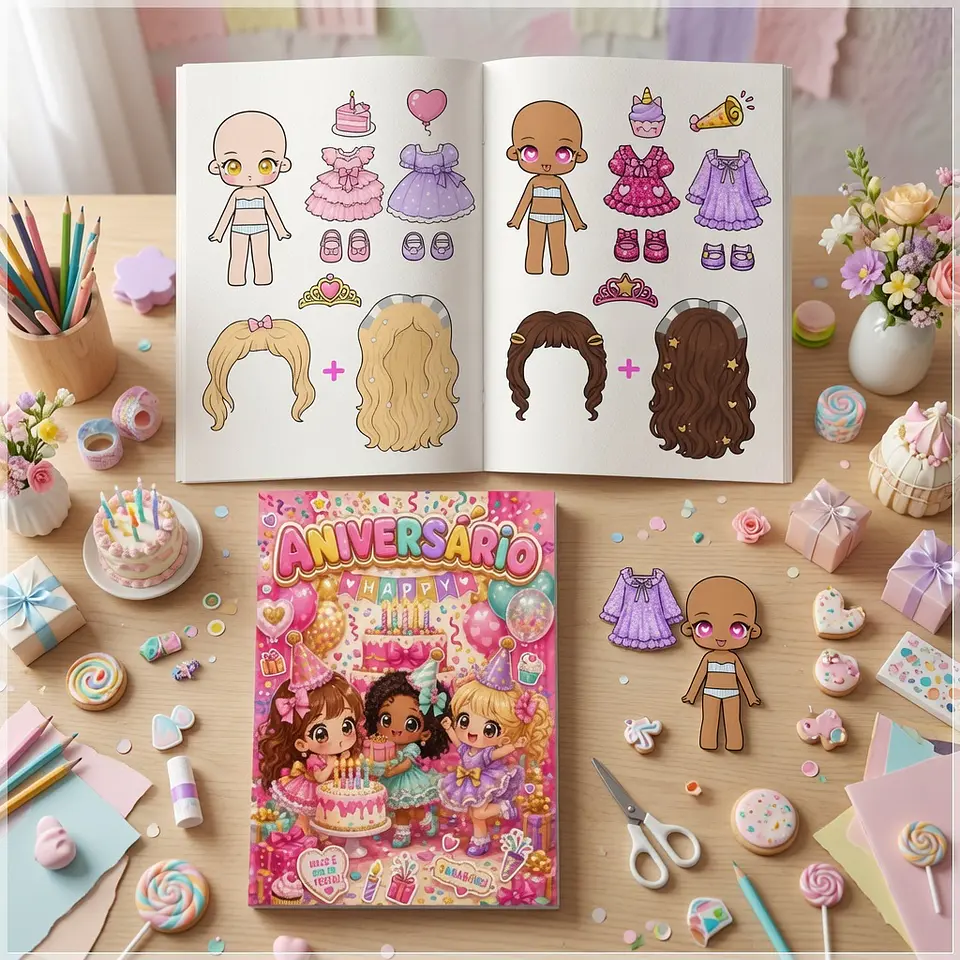 Arquivo de Corte Livro Interativo Paper Dolls Bonecas de Papel Aniversário 1 1