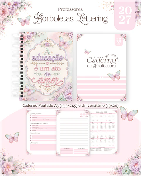 Encadernação - Professores Borboletas Lettering (Agenda, Bloco, Cadernos, Caneca, Marca Pag, Notepad e Planner)