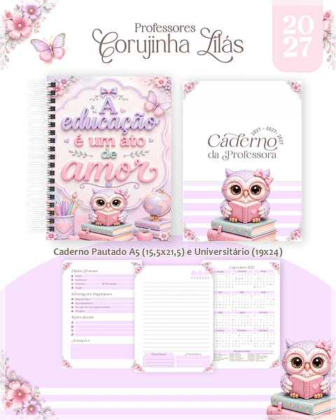 Encadernação - Professores Corujinha Lilás (Agenda, Bloco, Cadernos, Caneca, Marca Pag, Notepad e Planner)