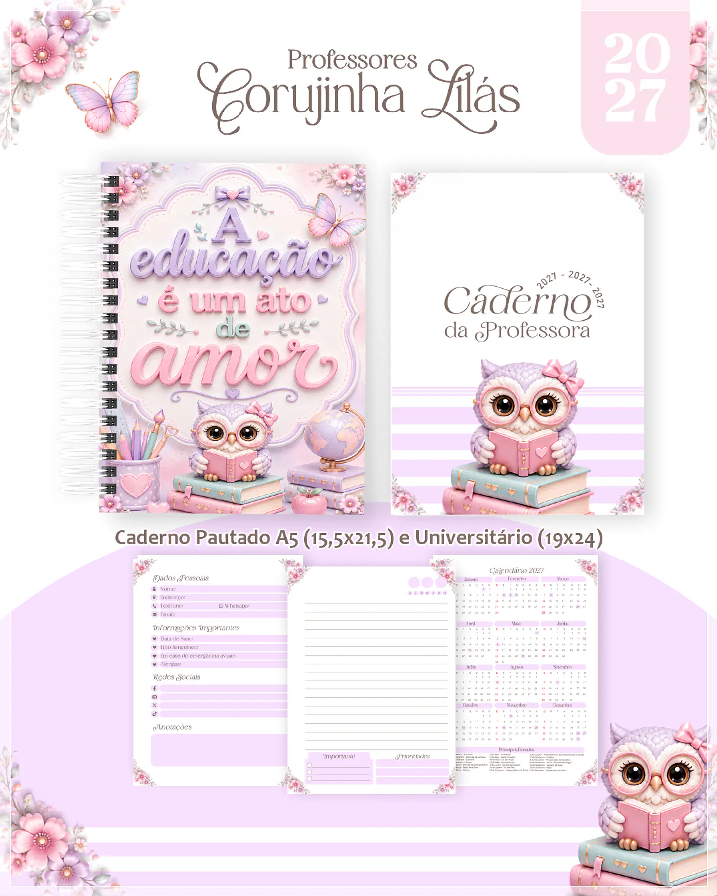 Encadernação - Professores Corujinha Lilás (Agenda, Bloco, Cadernos, Caneca, Marca Pag, Notepad e Planner) 1