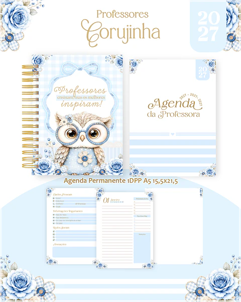 Encadernação - Professores Coruja Azul (Agenda, Bloco, Cadernos, Caneca, Marca Pag, Notepad e Planner)