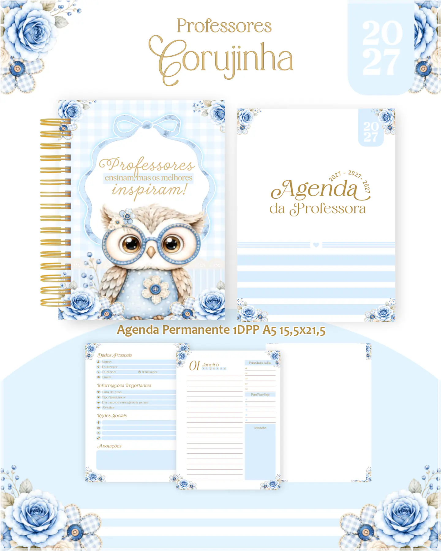 Encadernação - Professores Coruja Azul (Agenda, Bloco, Cadernos, Caneca, Marca Pag, Notepad e Planner) 1
