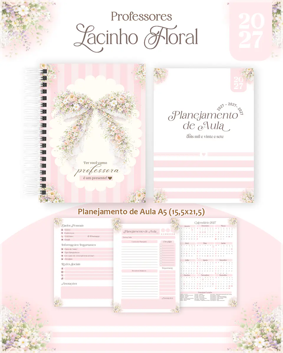 Encadernação - Professores Lacinho Floral (Agenda, Bloco, Cadernos, Caneca, Marca Pag, Notepad e Planner) 1
