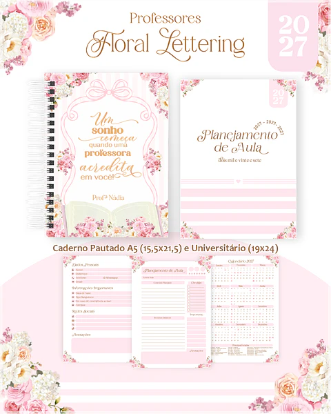 Encadernação - Professores Floral Delicado (Agenda, Bloco, Cadernos, Caneca, Marca Pag, Notepad e Planner)