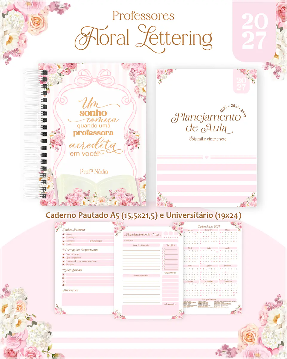 Encadernação - Professores Floral Delicado (Agenda, Bloco, Cadernos, Caneca, Marca Pag, Notepad e Planner) 1