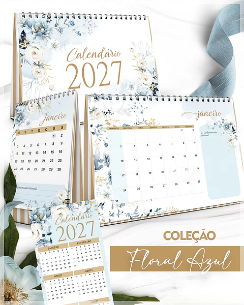 Encadernação - Calendários 2027 de Mesa A5 A6 e Calendário Marca Página Floral Azul