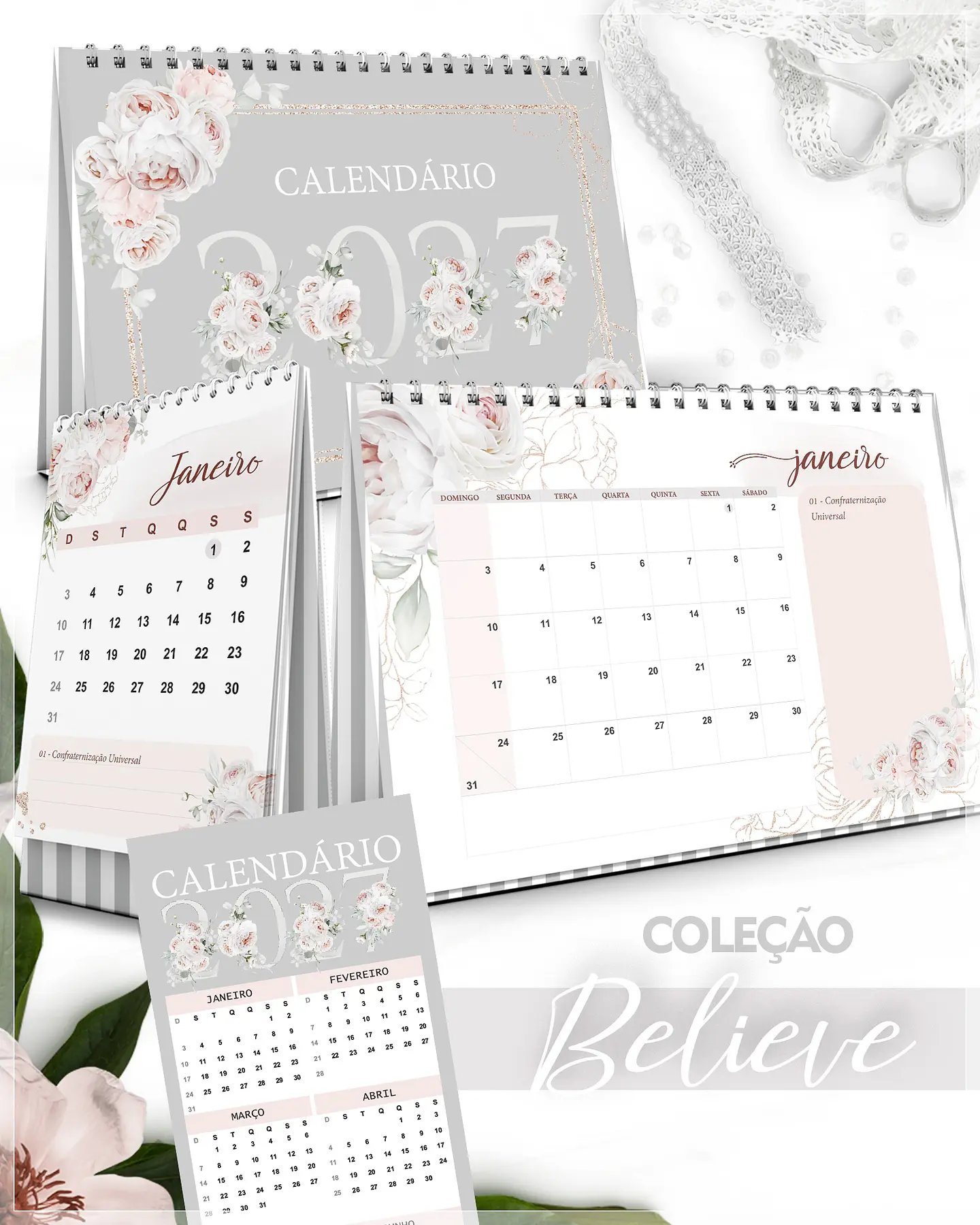 Encadernação - Calendários 2027 de Mesa A5 A6 e Calendário Marca Página Believe 1