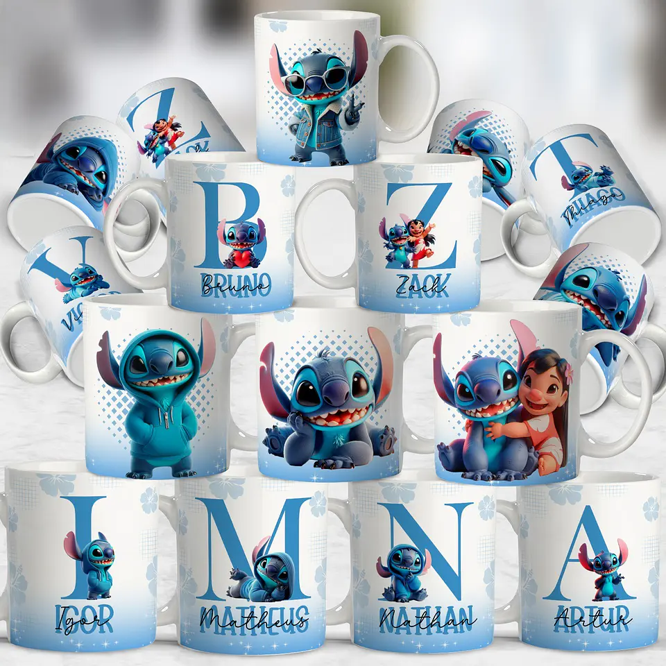 Sublimação - Caneca Alfabeto Stitch Azul 1