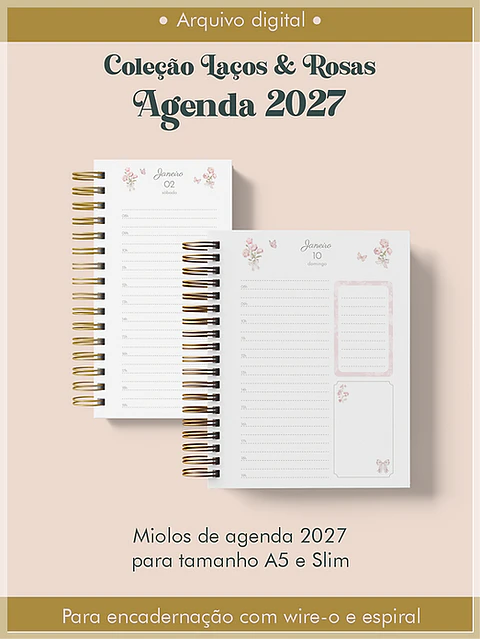 Encadernação - Agenda 2027 Coleção Laços & Rosas Wire-o