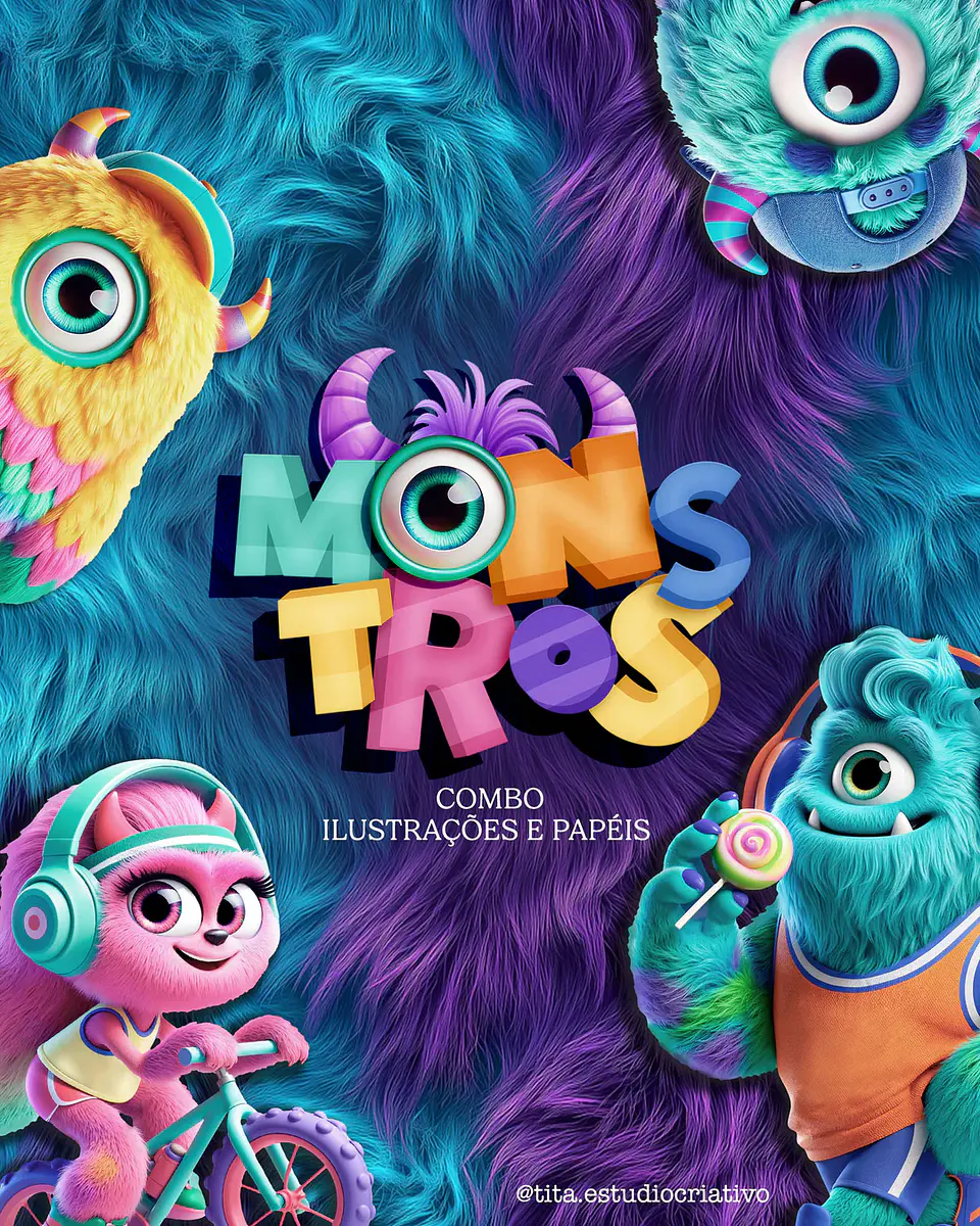 Kit Digital Monstros Kids Combo Ilustrações e Papéis 187 1