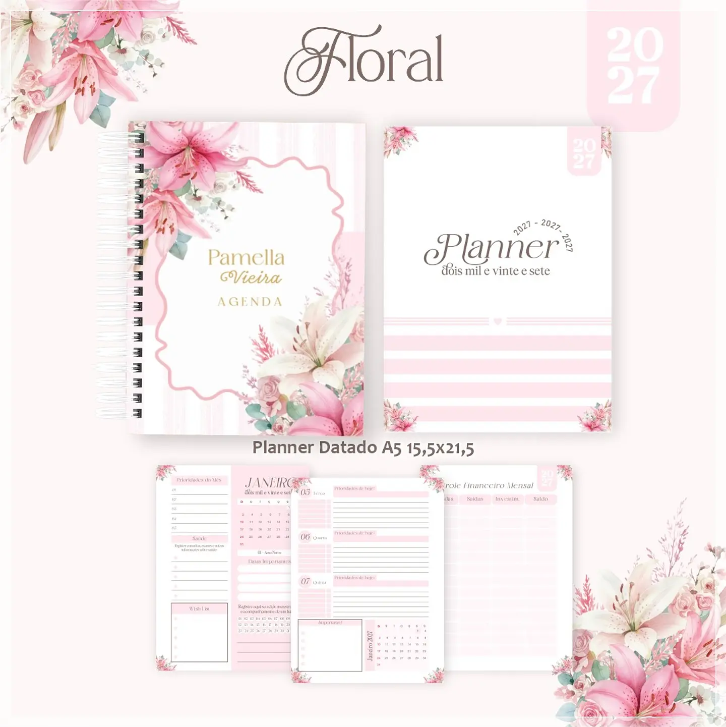 Encadernação - Agenda , Bloquinho , Calendário e Planner Floral 1