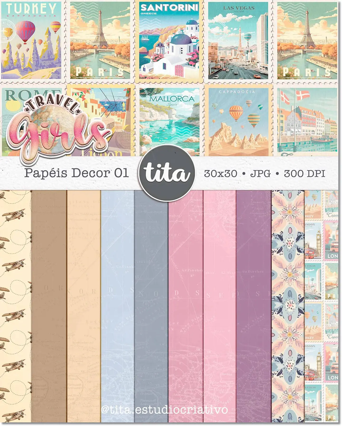 Kit Digital Viagem Travel Girls Combo Papéis 287 1