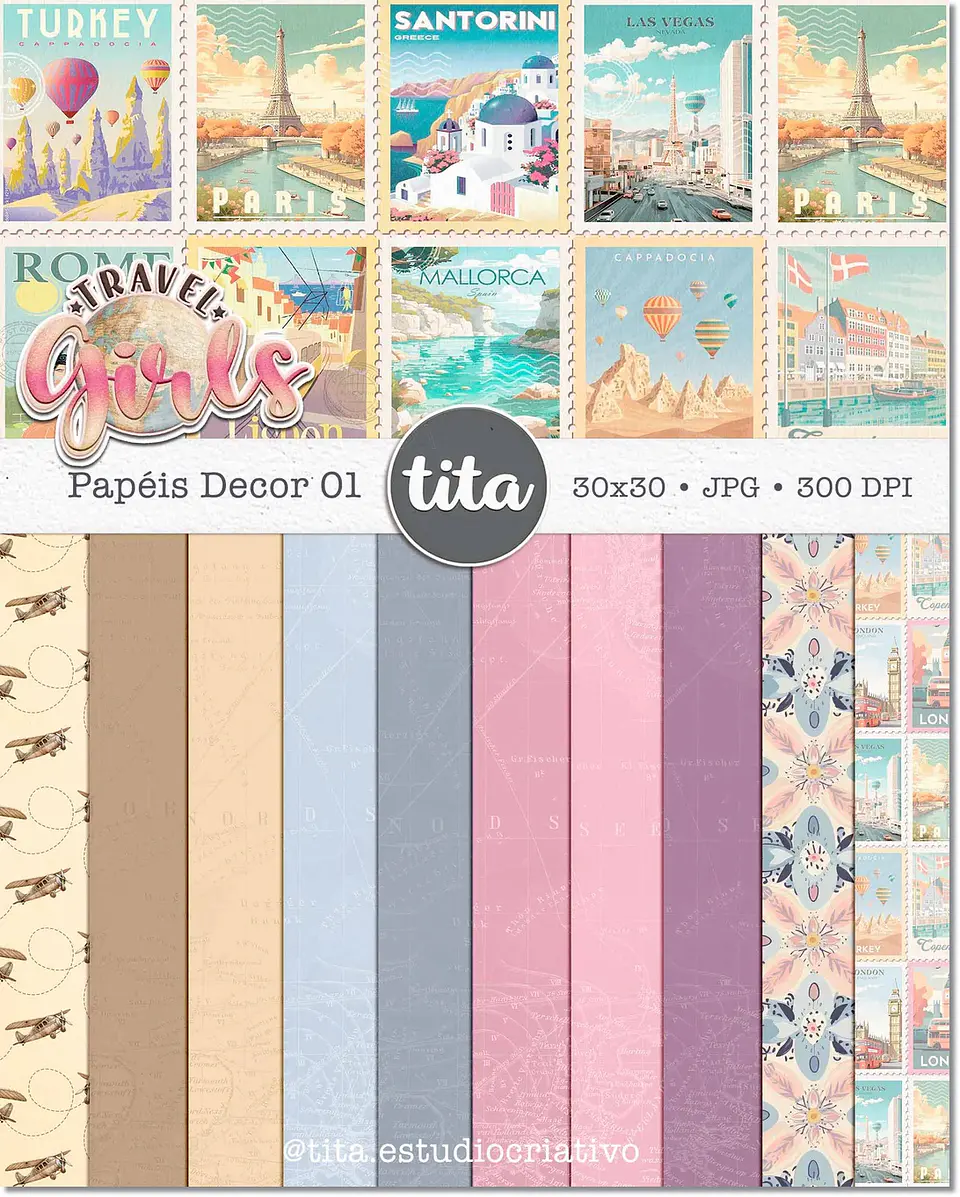 Kit Digital Viagem Travel Girls Combo Papéis 287 1
