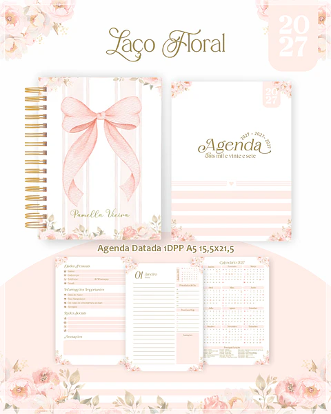 Encadernação - Agenda , Bloquinho , Calendário e Planner Laço Floral