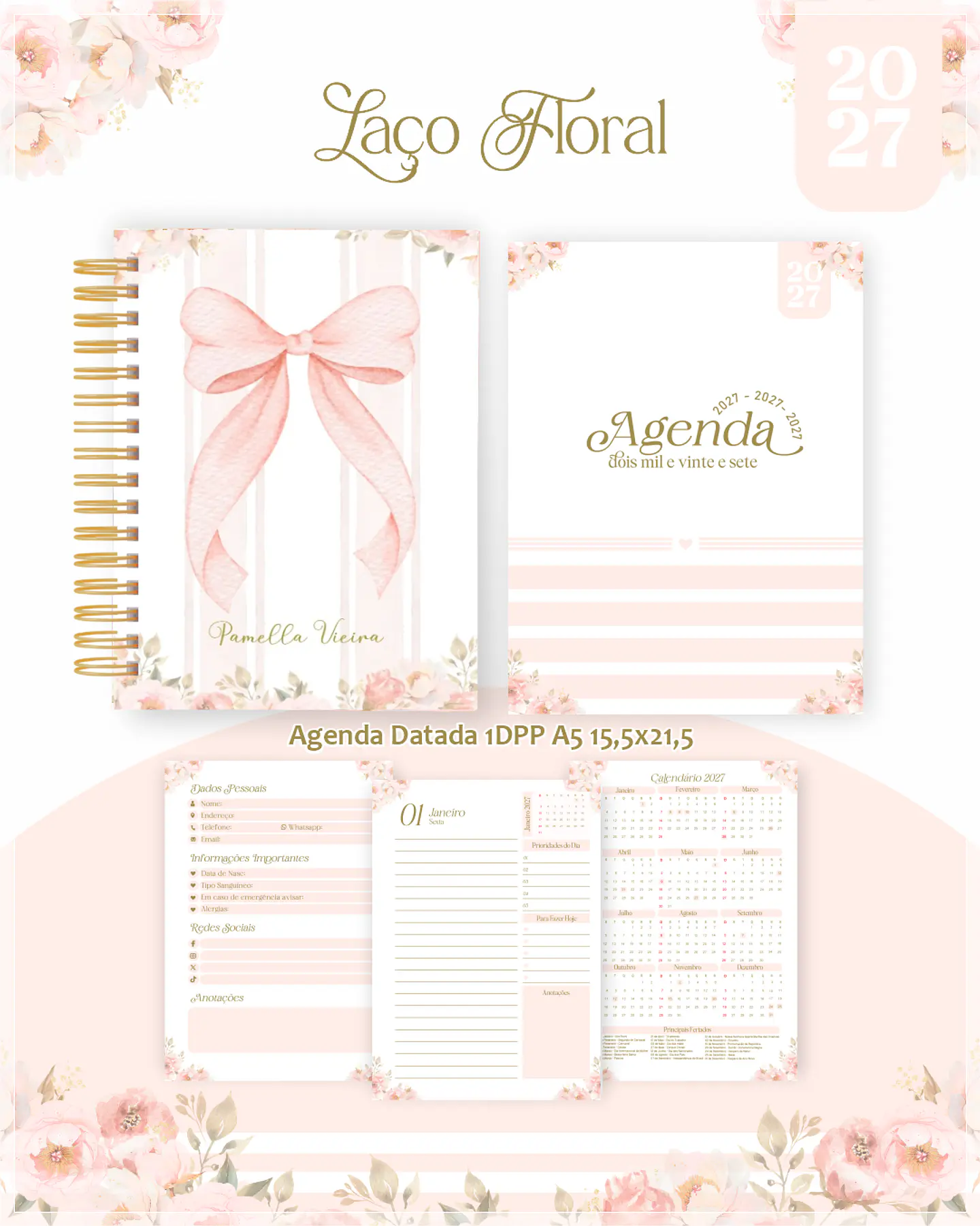 Encadernação - Agenda , Bloquinho , Calendário e Planner Laço Floral 1