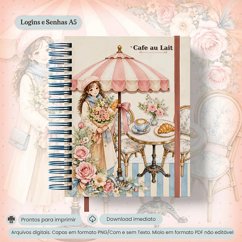 Encadernação - Caderno A5 Logins e senhas Colecão Café au Lait