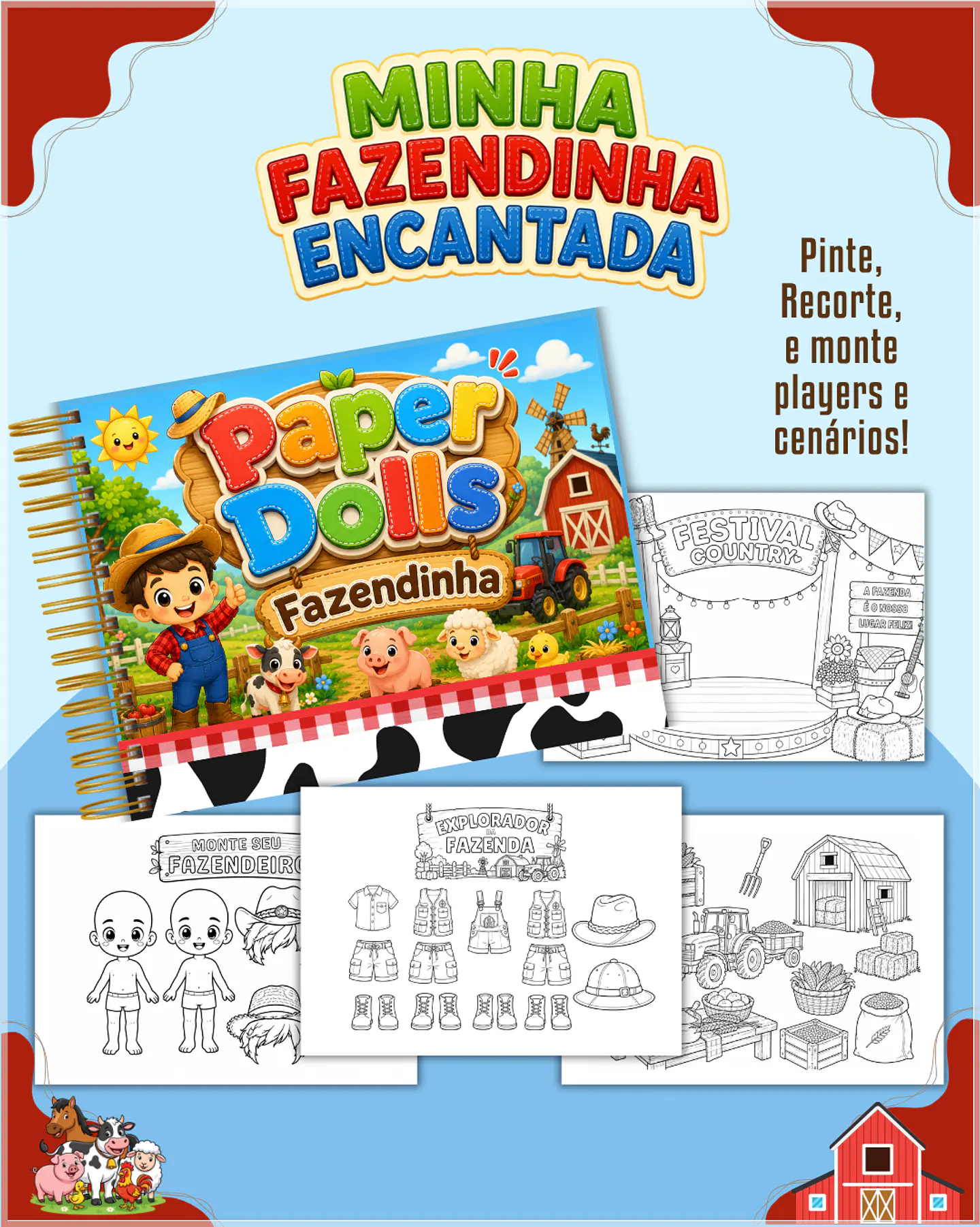 Encadernação - Paper Dolls colorir Fazendinha Menino 1