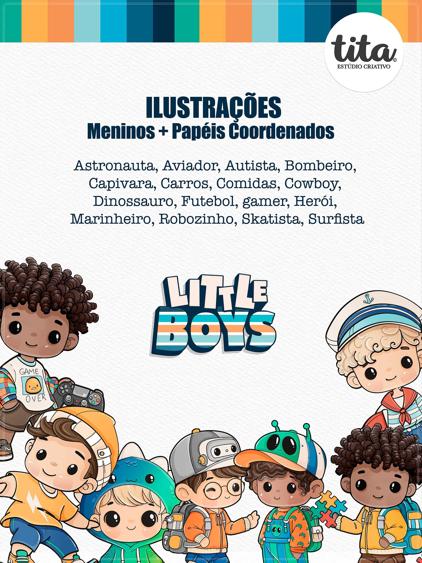 Kit Digital Bonequinhos Meninos Little Boys Combo Ilustrações e Papéis 34 1
