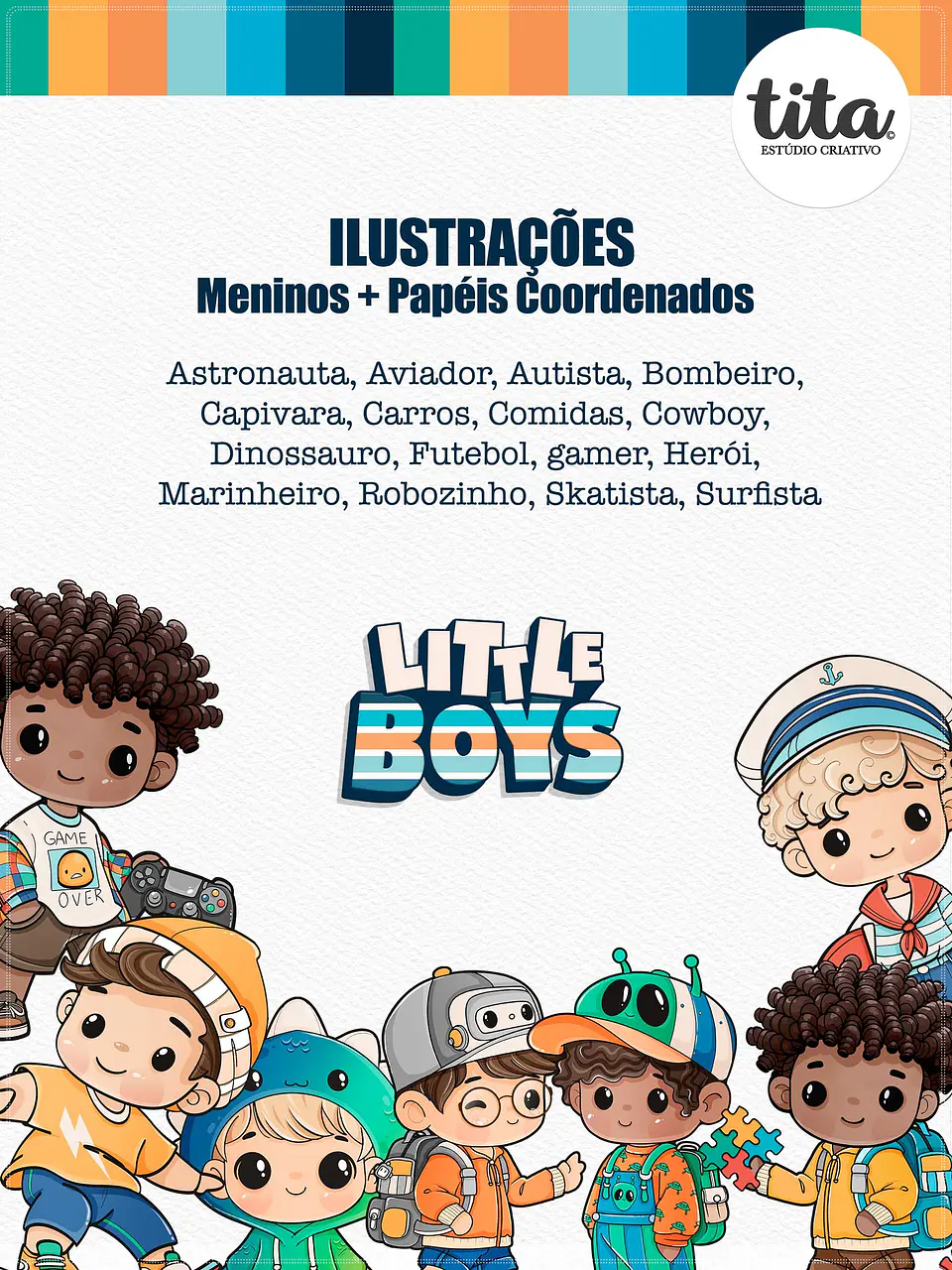 Kit Digital Bonequinhos Meninos Little Boys Combo Ilustrações e Papéis 34 1
