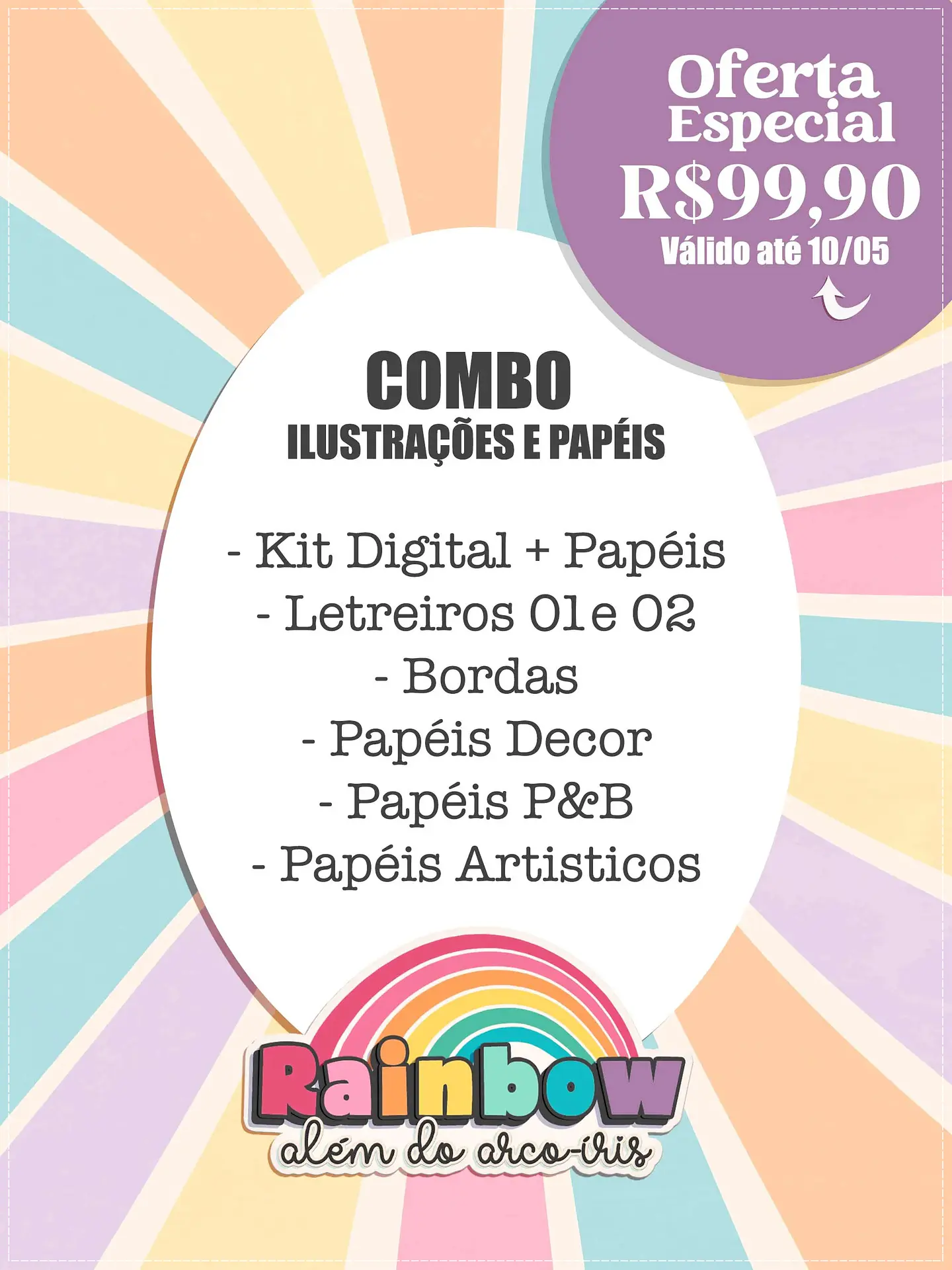 Kit Digital Arco Iris Rainbow Combo Ilustrações e Papéis 20 1