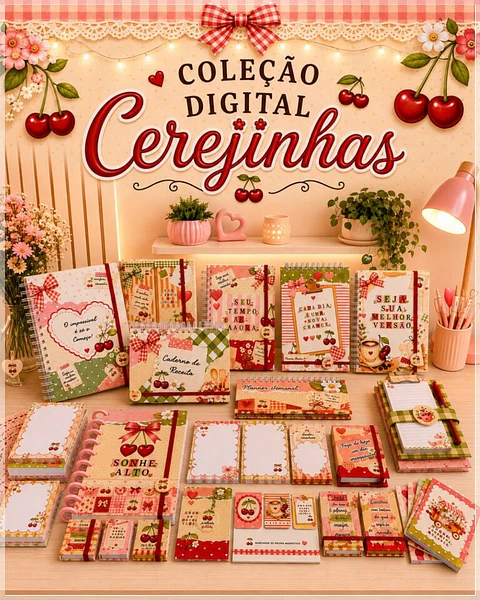 Encadernação - Coleção Cerejinha (Brochurrinha A6, Card, Capas, Chaveiro Post it, Marca Pagina, Planner e Chaveiro Bottons)