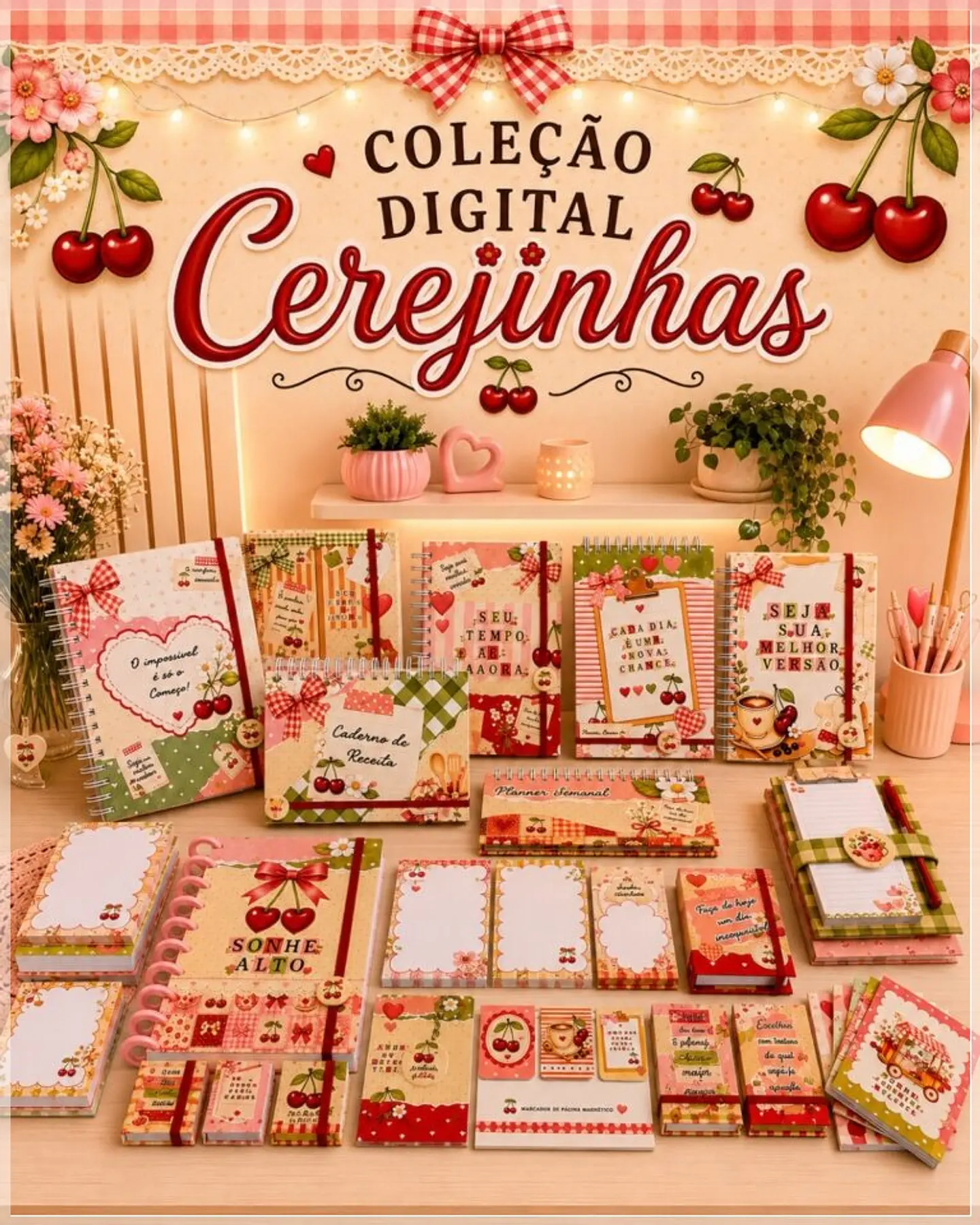 Encadernação - Coleção Cerejinha (Brochurrinha A6, Card, Capas, Chaveiro Post it, Marca Pagina, Planner e Chaveiro Bottons) 1