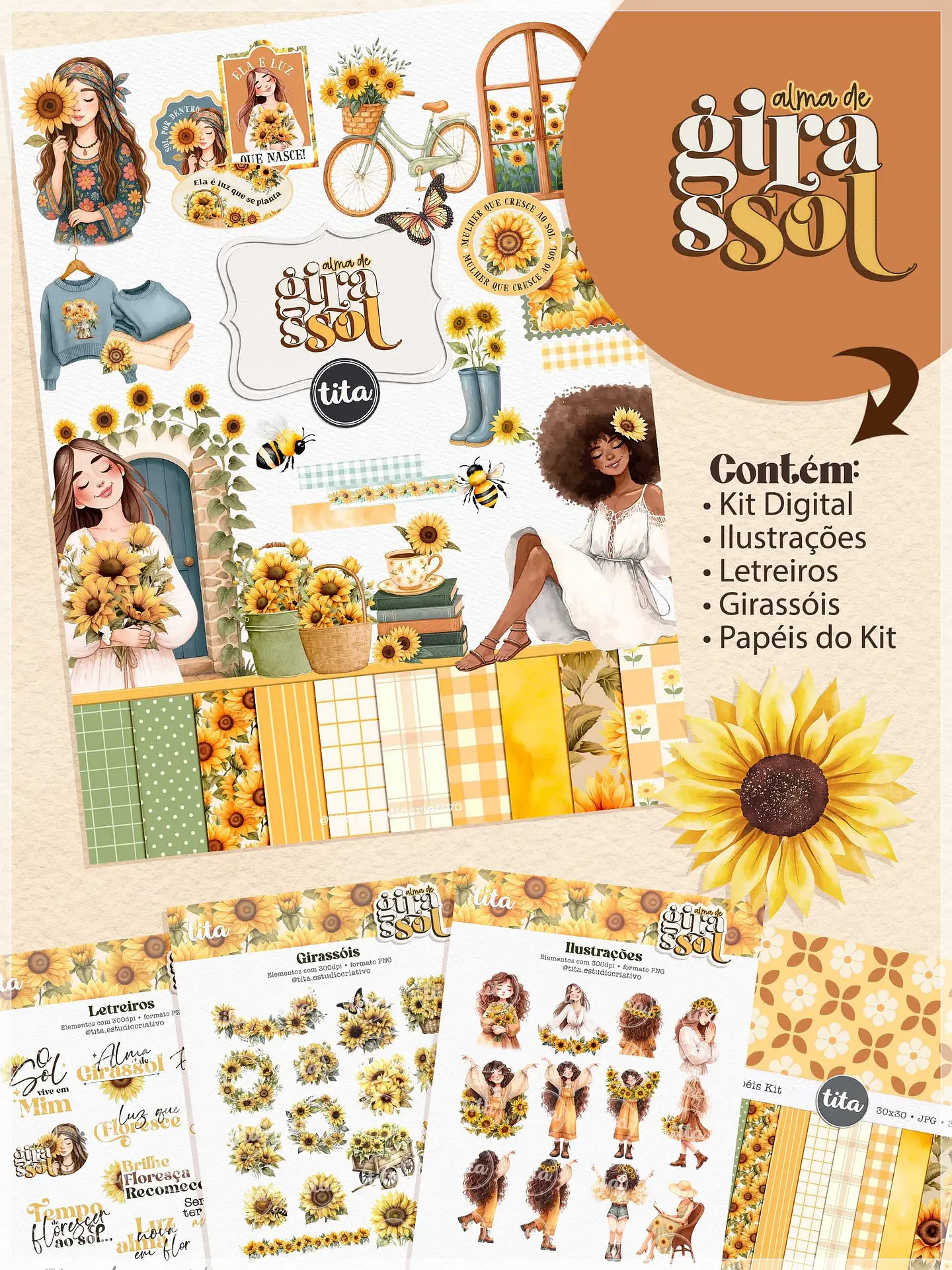 Kit Digital Alma de Girassol Ilustrações e Papéis 6 1