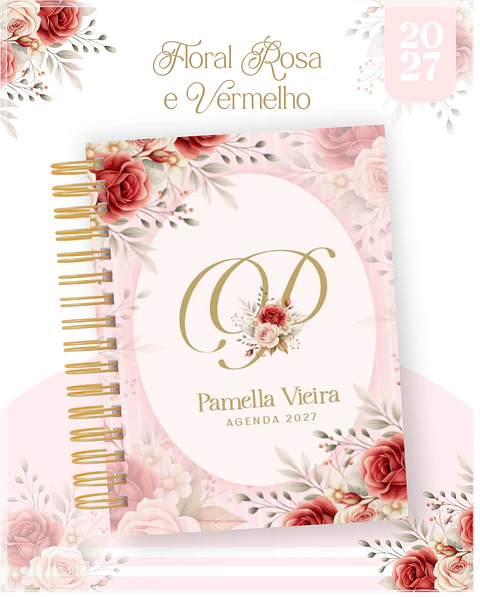 Encadernação - Agenda , Bloquinho , Calendário e Planner Floral Vermelho