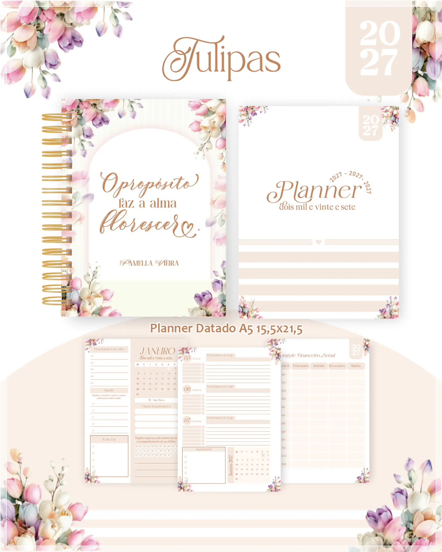 Encadernação - Agenda , Bloquinho , Calendário e Planner Tulipas 1