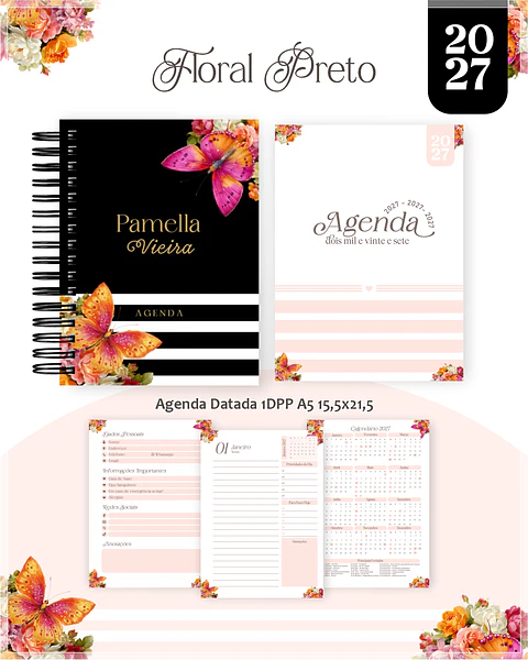 Encadernação - Floral Preto Agenda, Bloquinho, Calendário e Planner PD