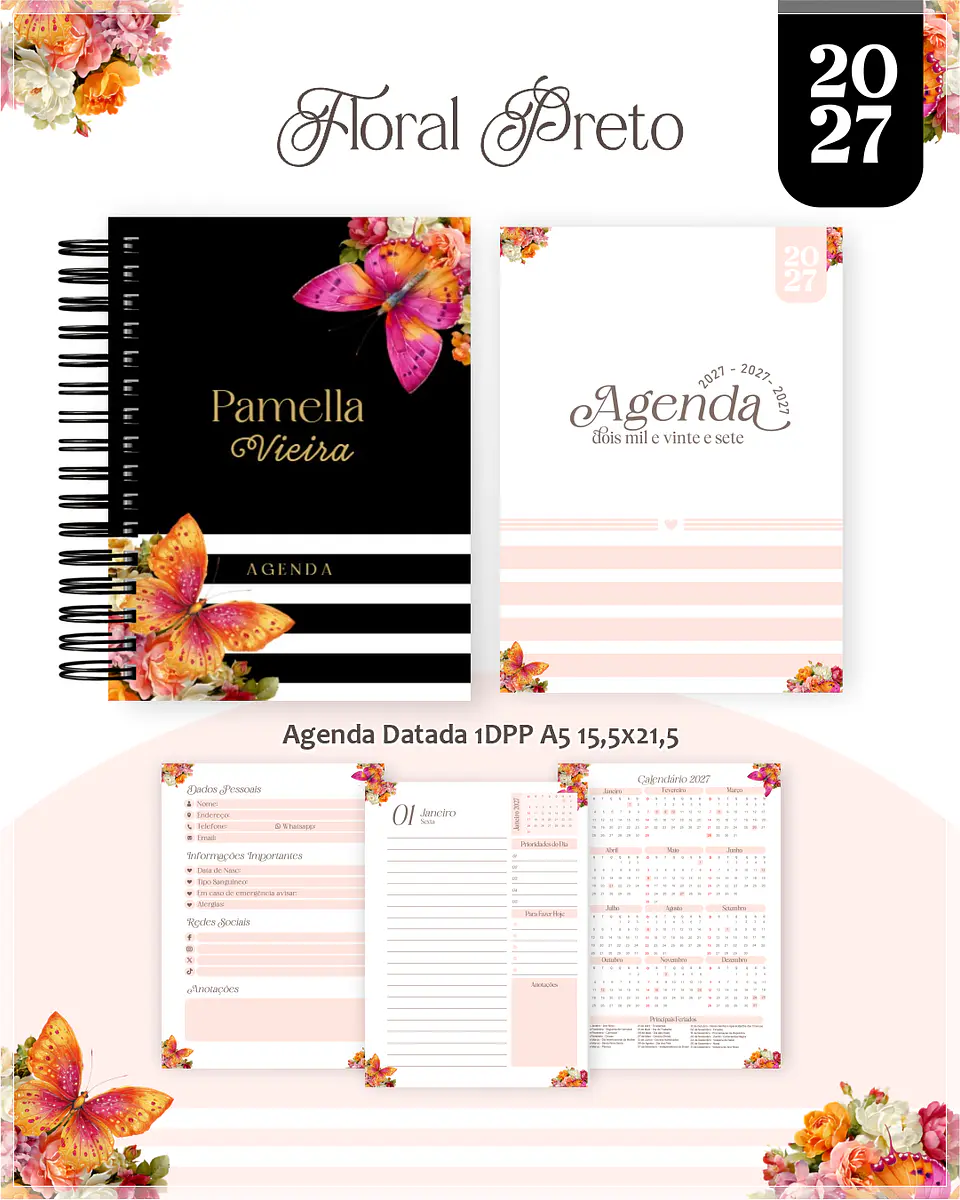 Encadernação - Floral Preto Agenda, Bloquinho, Calendário e Planner PD 1