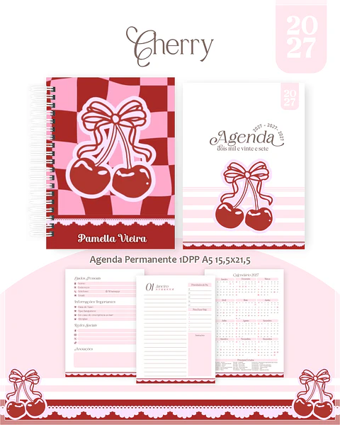 Encadernação - Cherry Cerejas Agenda, Bloquinho, Calendário e Planner PD