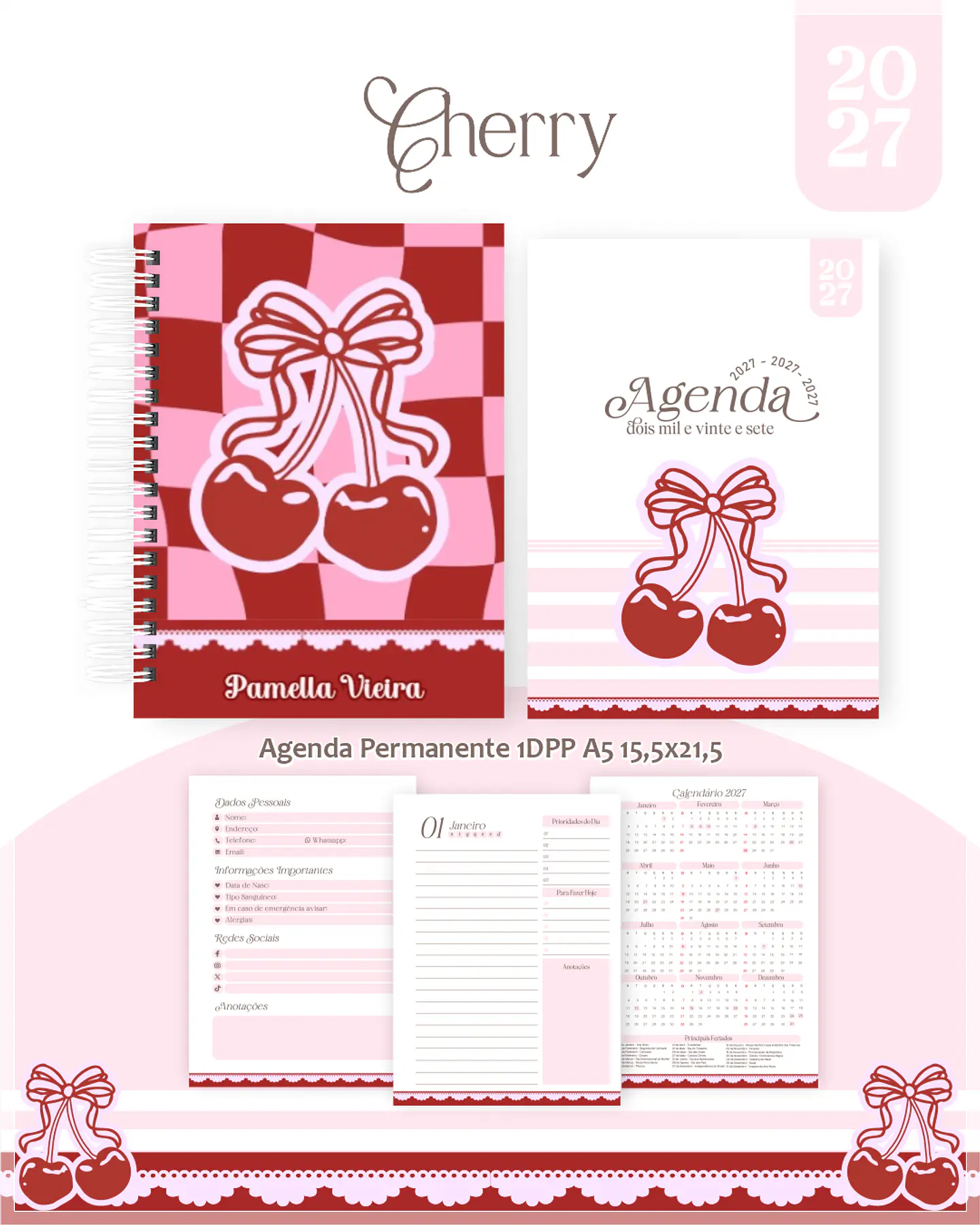 Encadernação - Cherry Cerejas Agenda, Bloquinho, Calendário e Planner PD 1