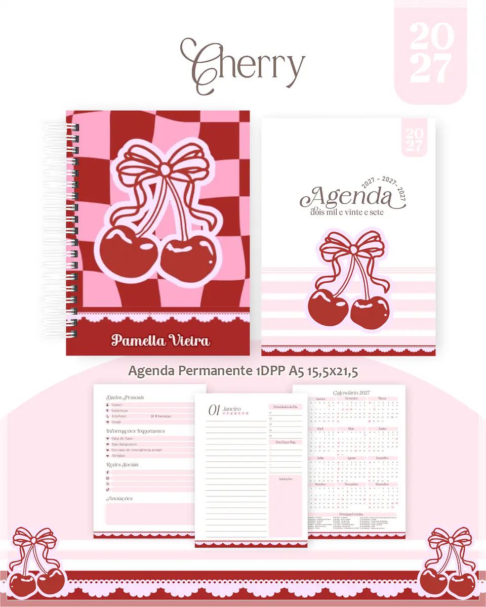 Encadernação - Cherry Cerejas Agenda, Bloquinho, Calendário e Planner PD 1