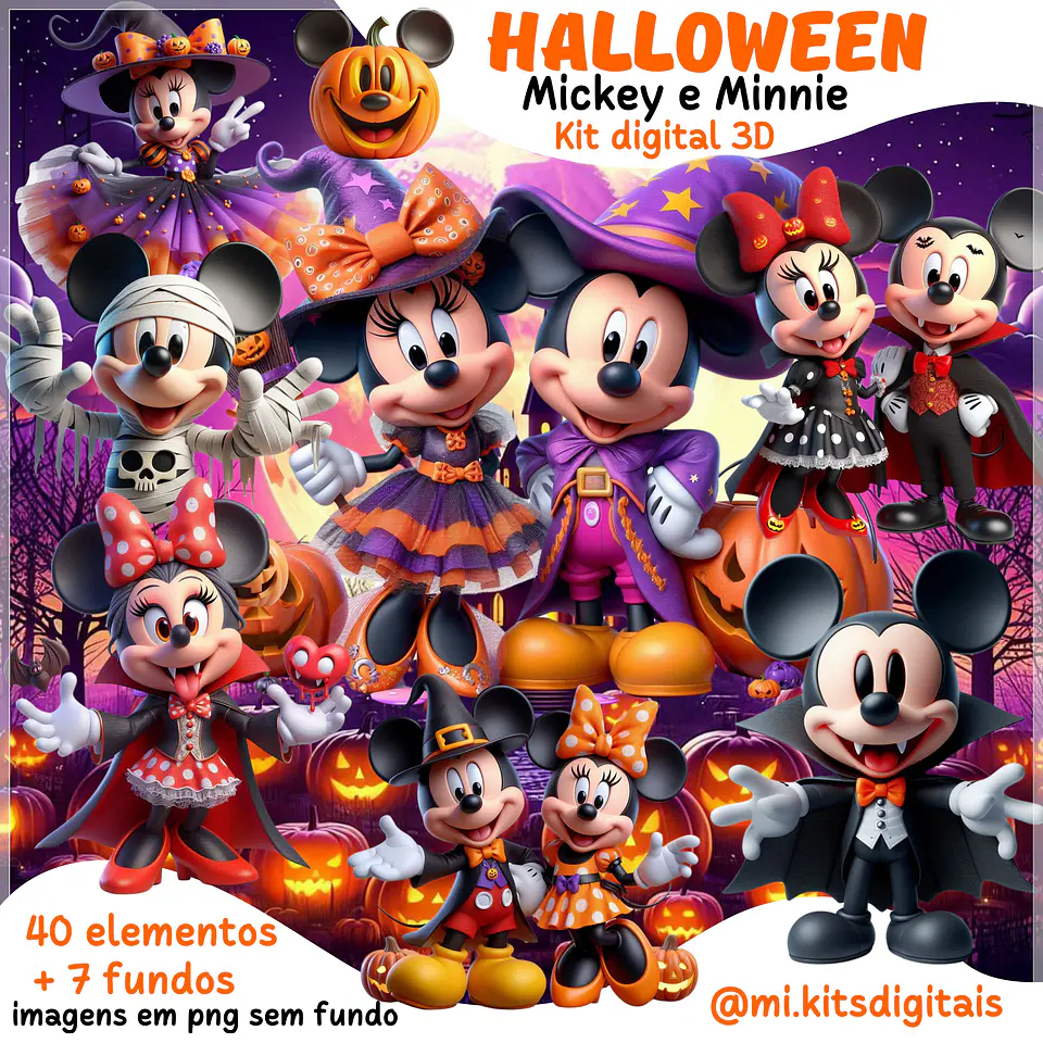 Kit Digital Halloween Mickey e Minnie 3d 1 1