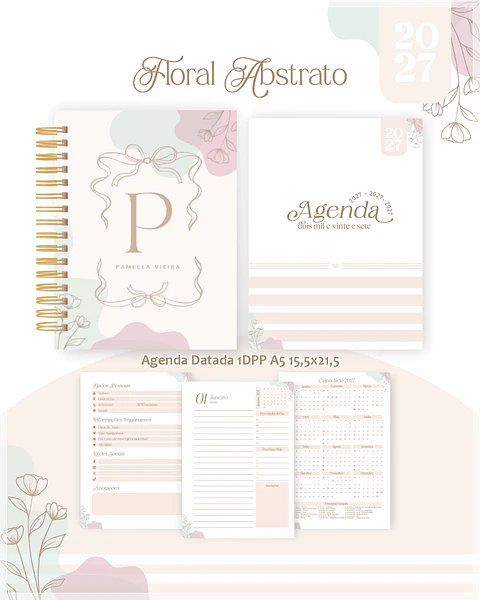 Encadernação - Agenda , Bloquinho , Calendário e Planner Floral Abstrato