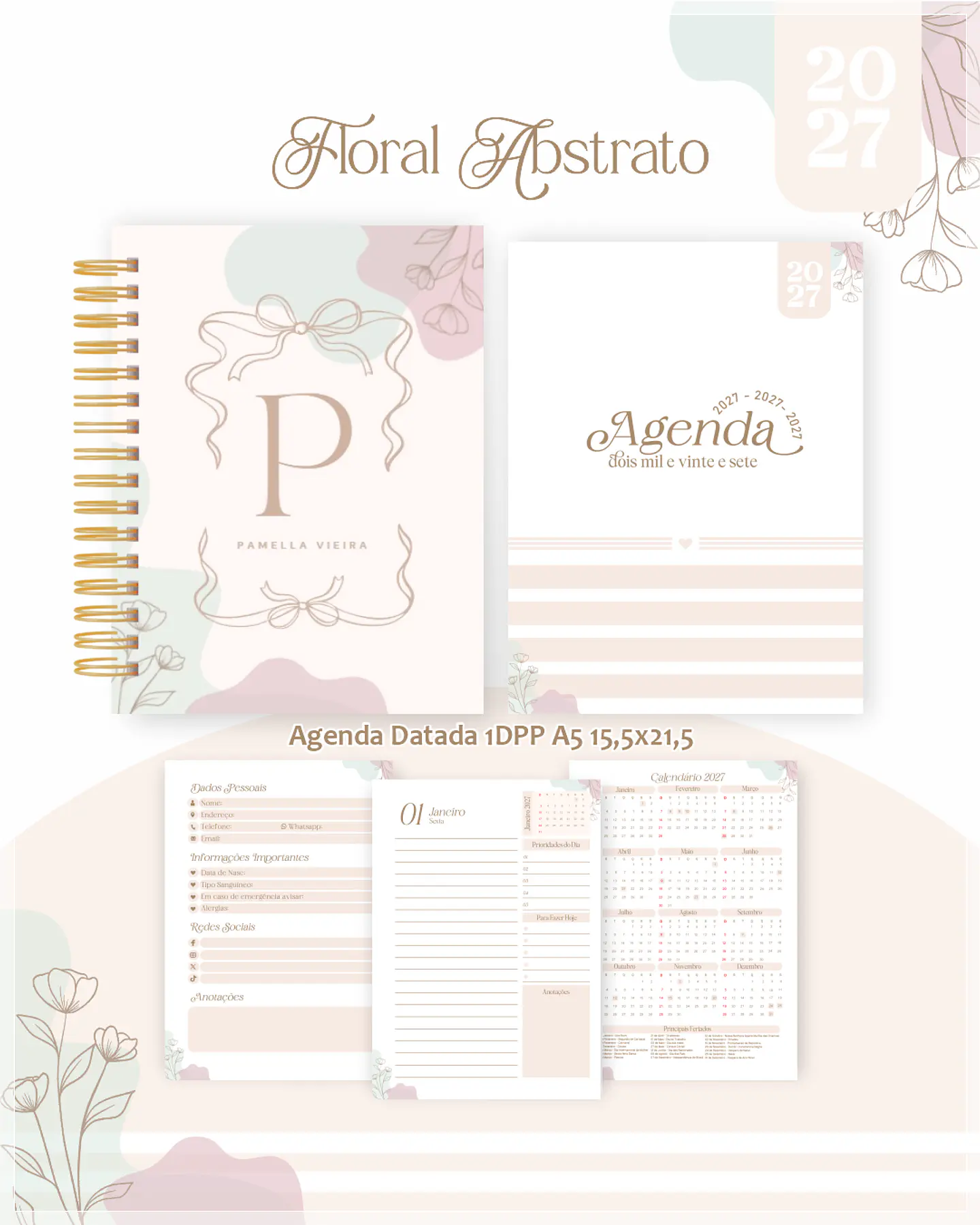 Encadernação - Agenda , Bloquinho , Calendário e Planner Floral Abstrato 1