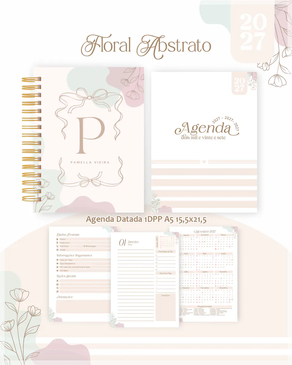 Encadernação - Agenda , Bloquinho , Calendário e Planner Floral Abstrato 1