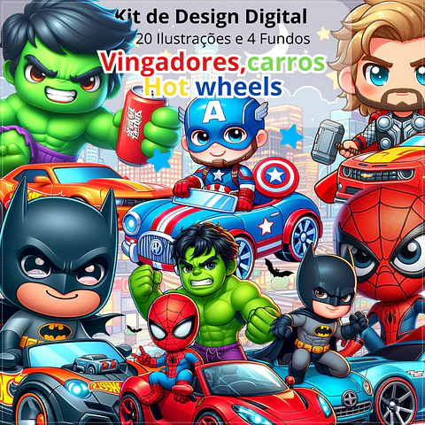 Kit Digital Vingadores com Carros Hot Wheels 50