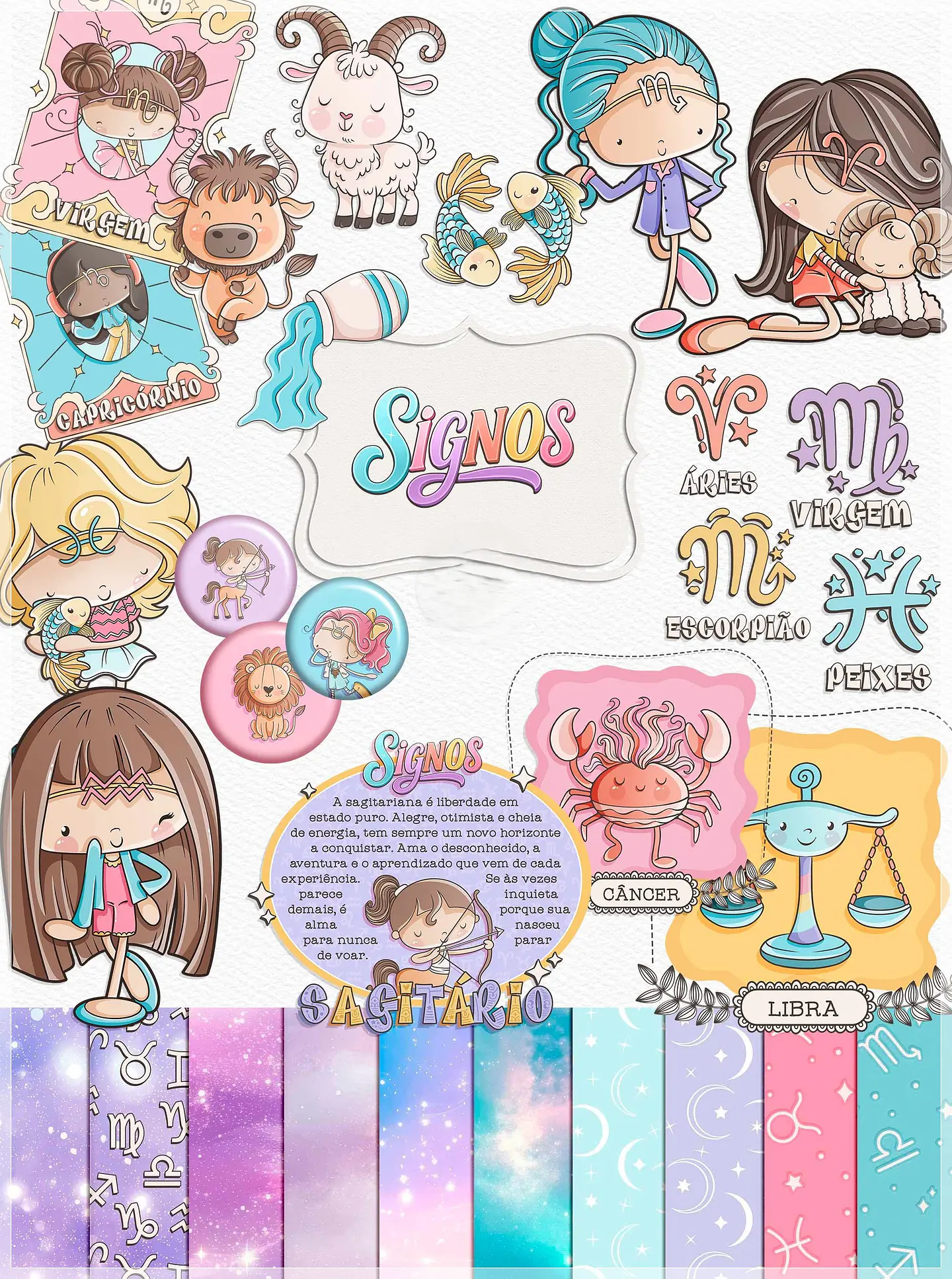 Kit Digital Signos Cute Ilustrações e Papéis 1
