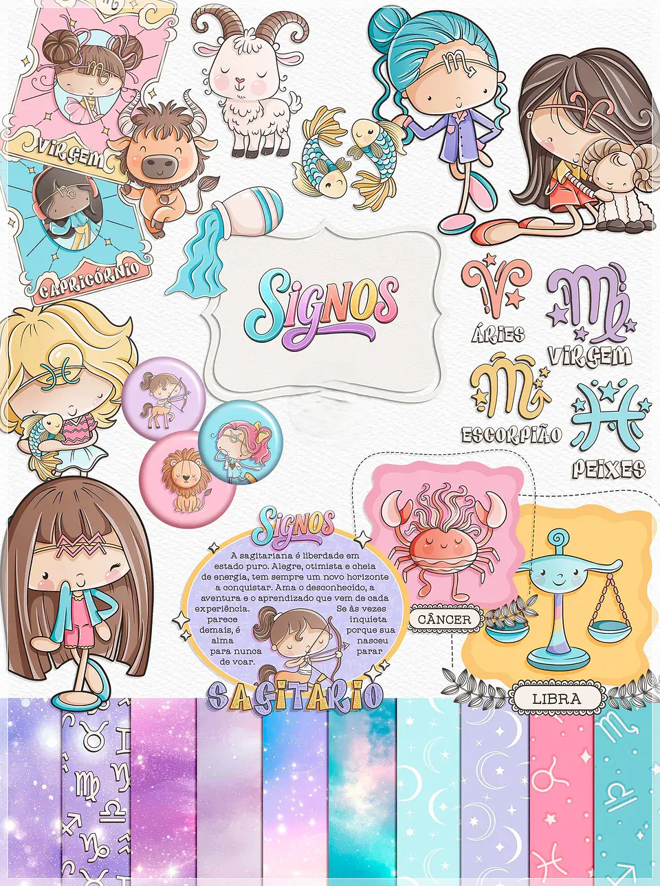 Kit Digital Signos Cute Ilustrações e Papéis 1