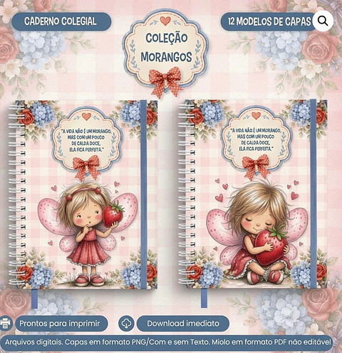 Encadernação Caderno Colegial Coleção Morangos