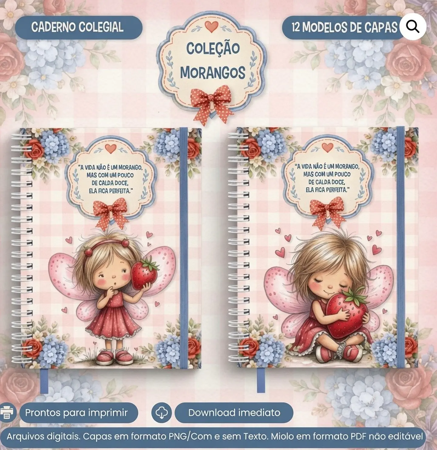 Encadernação Caderno Colegial Coleção Morangos 1