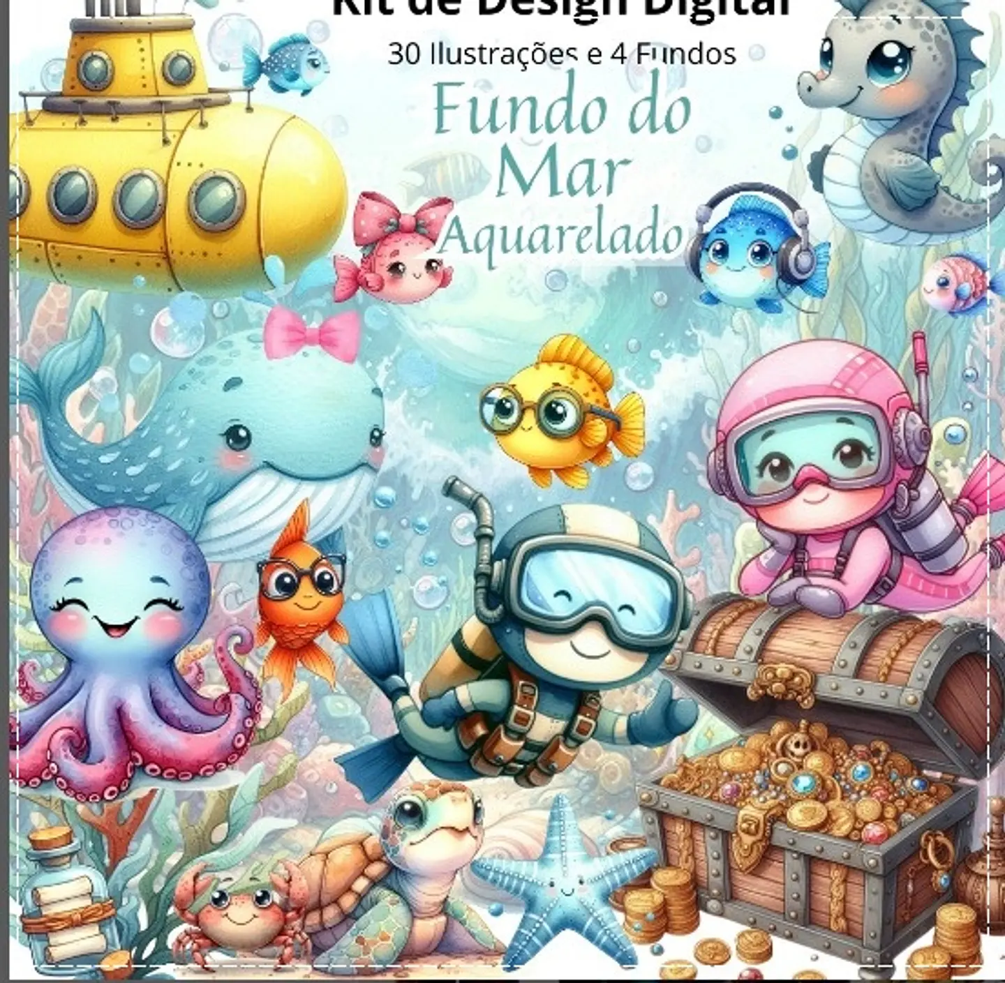 Kit Digital Fundo do Mar Aquarelado 14 1