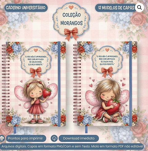 Encadernação - Caderno Universitário Coleção Morangos