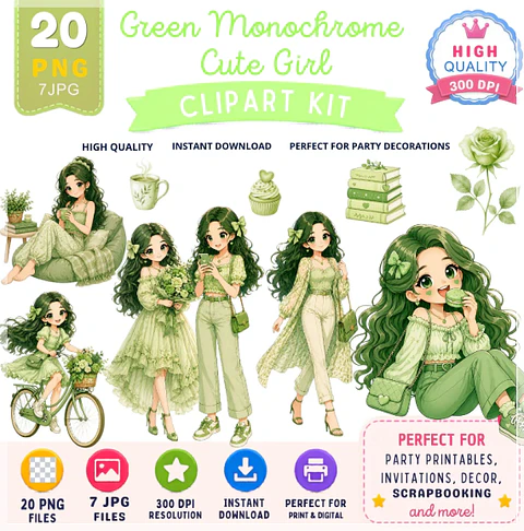 Kit Digital Green Monochrome Menina Cute Verde Girl 2