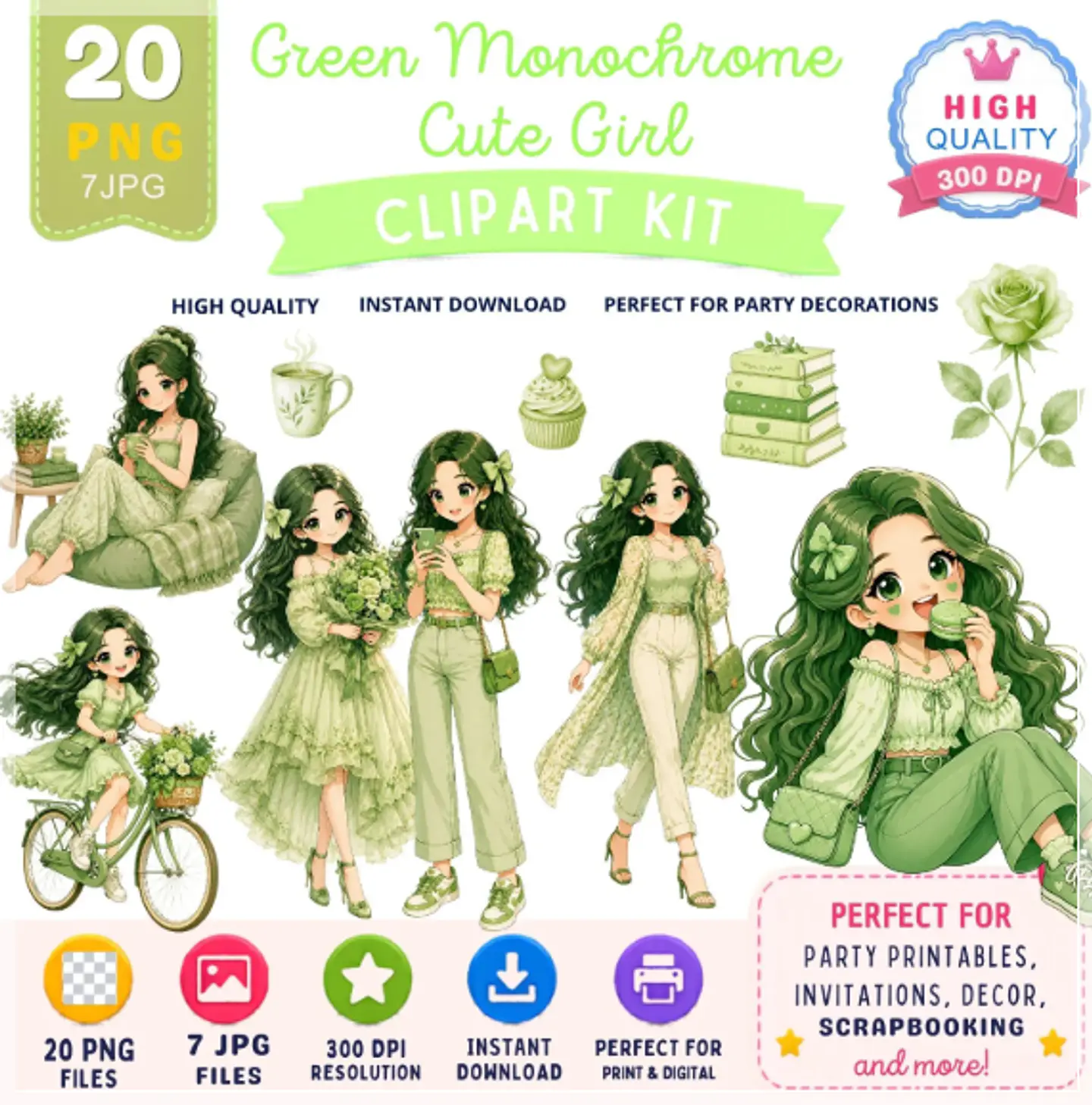 Kit Digital Green Monochrome Menina Cute Verde Girl 2 1