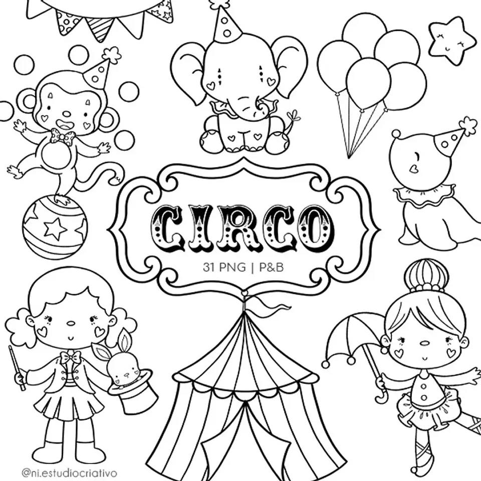 Kit Digital Pd0005 Circo Rosa Preto e Branco 144 1